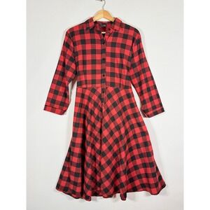 Burlady‎ Womens XL Dress Red Black Buffalo Plaid Flannel Twirl Rockabilly Rugged